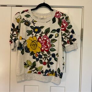 Anthropologie Floral Short Sleeve Sweatshirt in Cream, Yellow, Red, Green, Navy